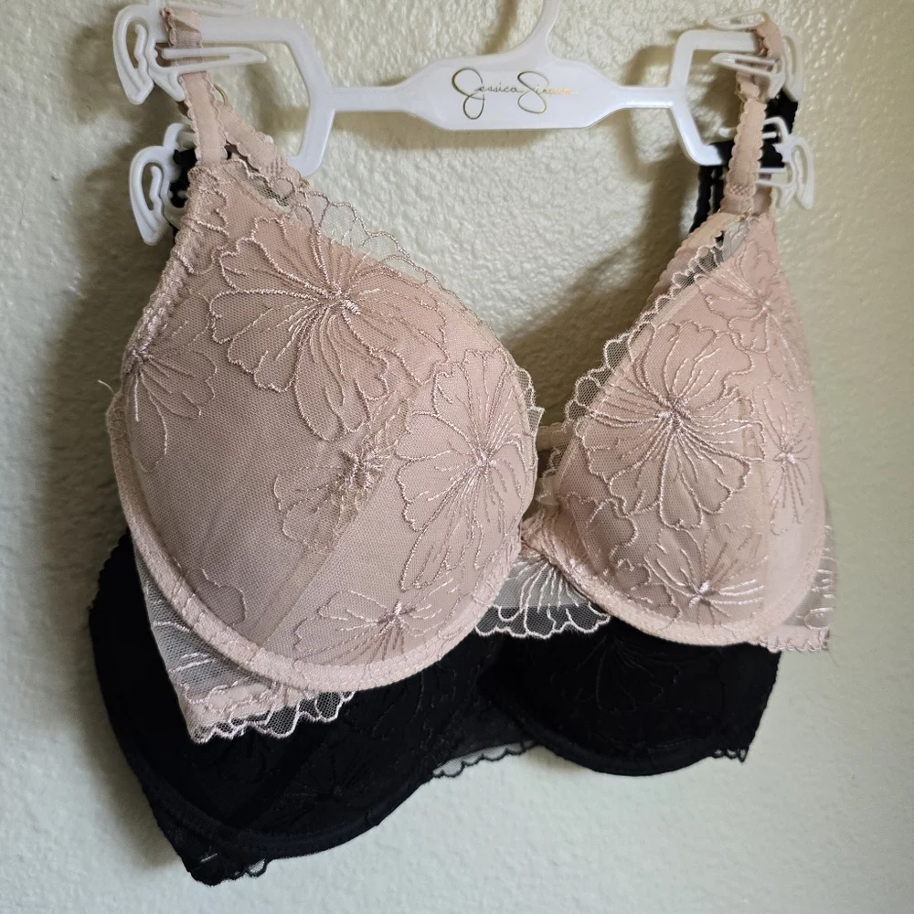Jessica Simpson 2 Pack Underwire Light Padding Lace Design Blk/Blush Pink 36C